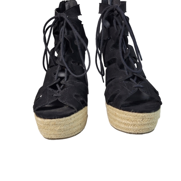 Black velvet lace up platform wedge espadrille sandals Size 8.5 - Picture 3 of 6